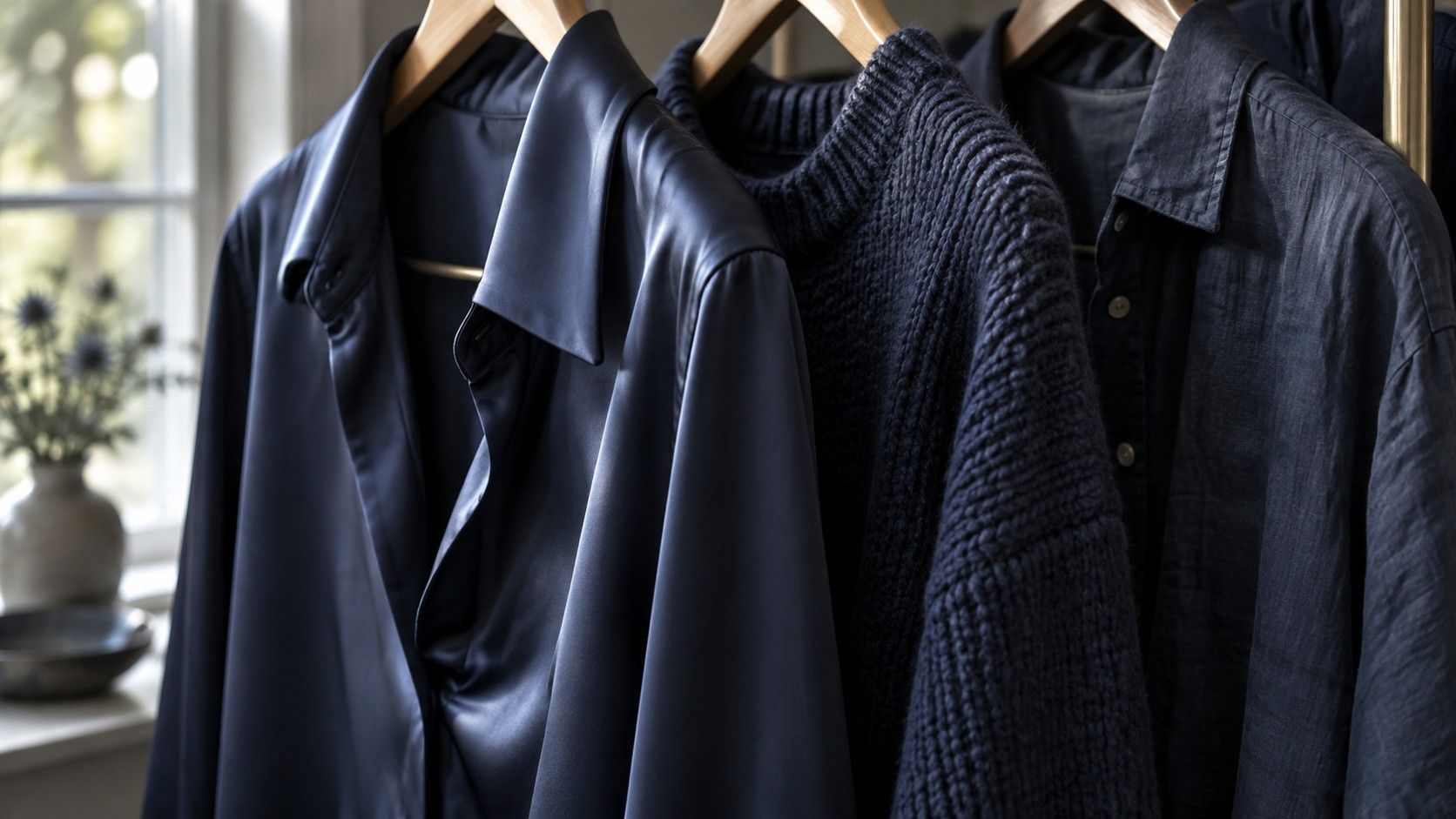 Navy satin linen and knit garments beside a window